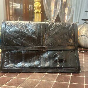 Vintage Genuine Eel Skin Clutch Purse – Black Envelope Bag, Made in Korea